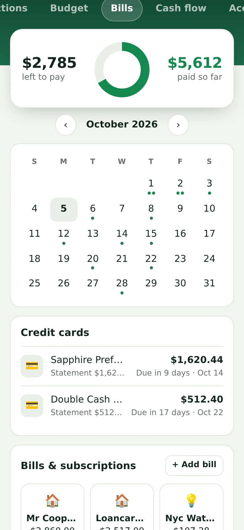 Bills calendar with credit card statements and due dates