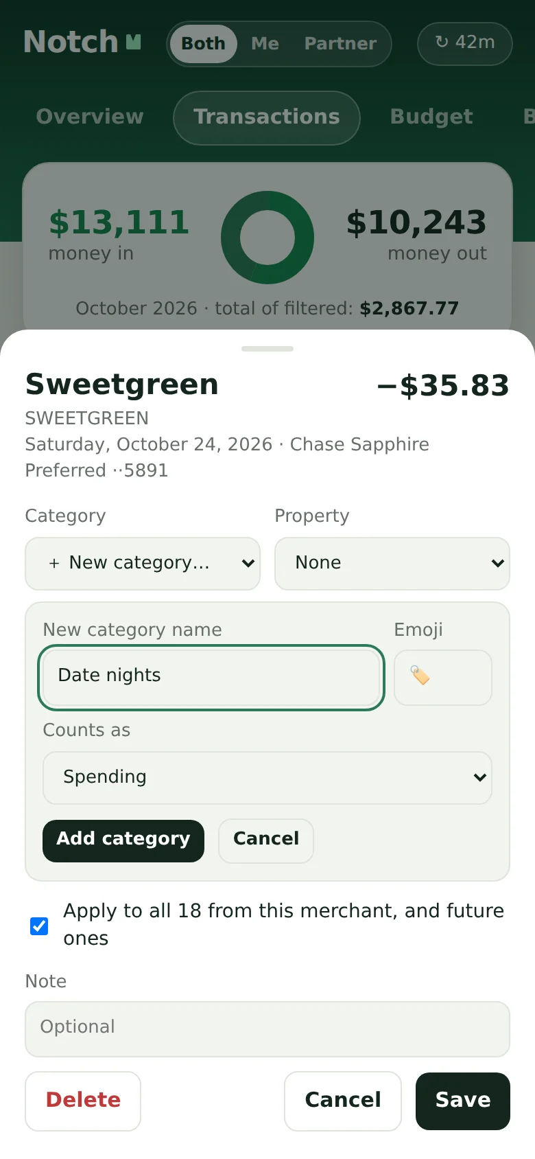 Creating a new category while reviewing a transaction