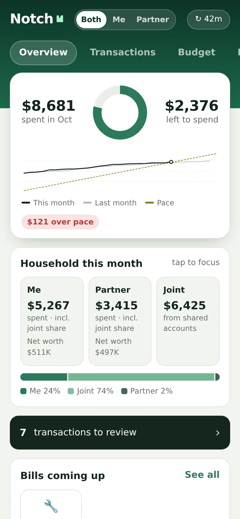 Notch overview showing monthly spending, budget pace and the household view